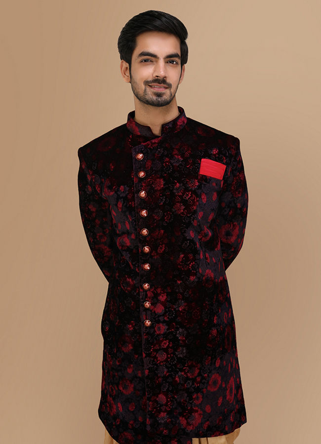 alt message - Manyavar Men Velvet Wine Shade Indo Western image number 0