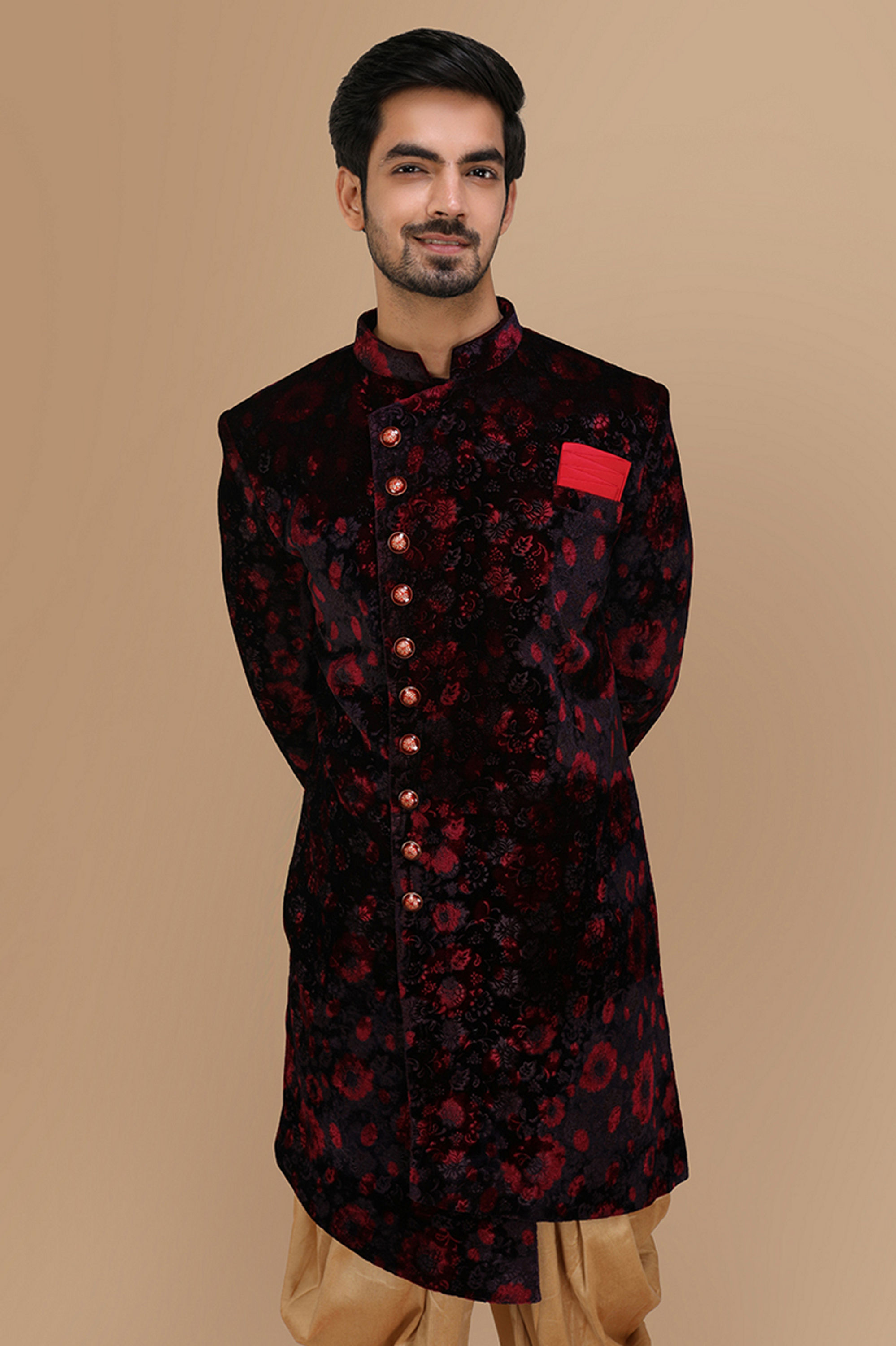 Manyavar Men Velvet Wine Shade Indo Western