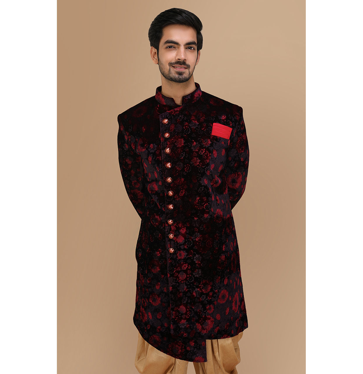 alt message - Manyavar Men Velvet Wine Shade Indo Western image number 0