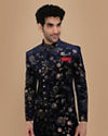 alt message - Manyavar Men Bold Blue Patterned Indo Western Set image number 0