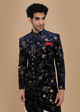 alt message - Manyavar Men Bold Blue Patterned Indo Western Set image number 0