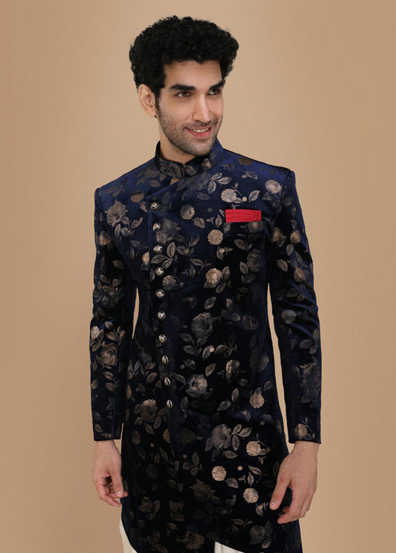 Manyavar Men Bold Blue Patterned Indo Western Set