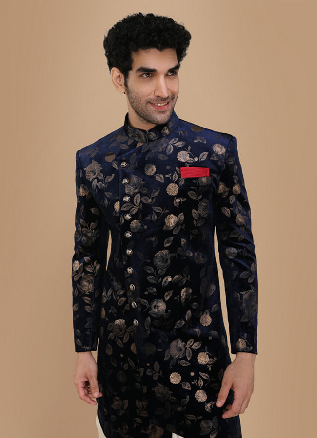 alt message - Manyavar Men Bold Blue Patterned Indo Western Set image number 0