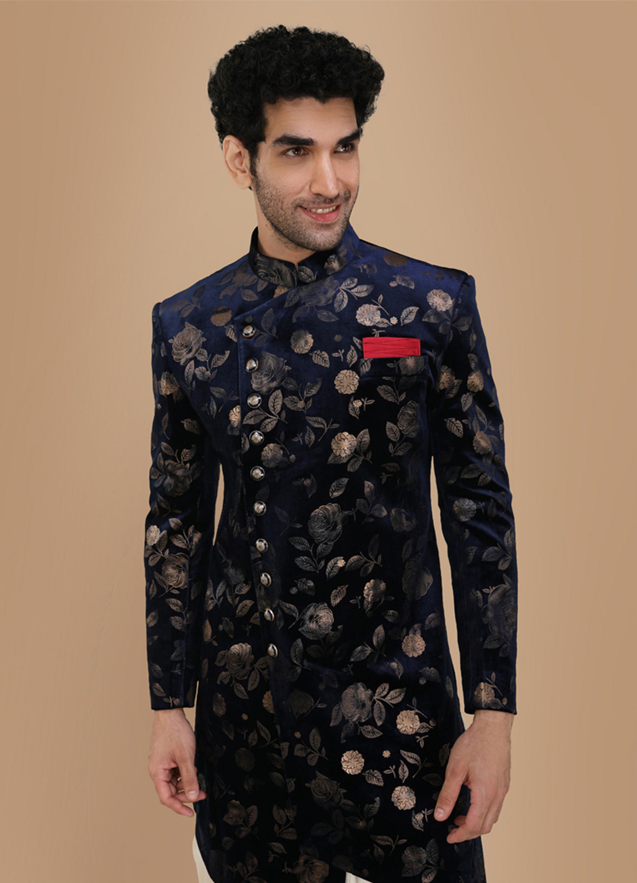 Manyavar Men Bold Blue Patterned Indo Western Set