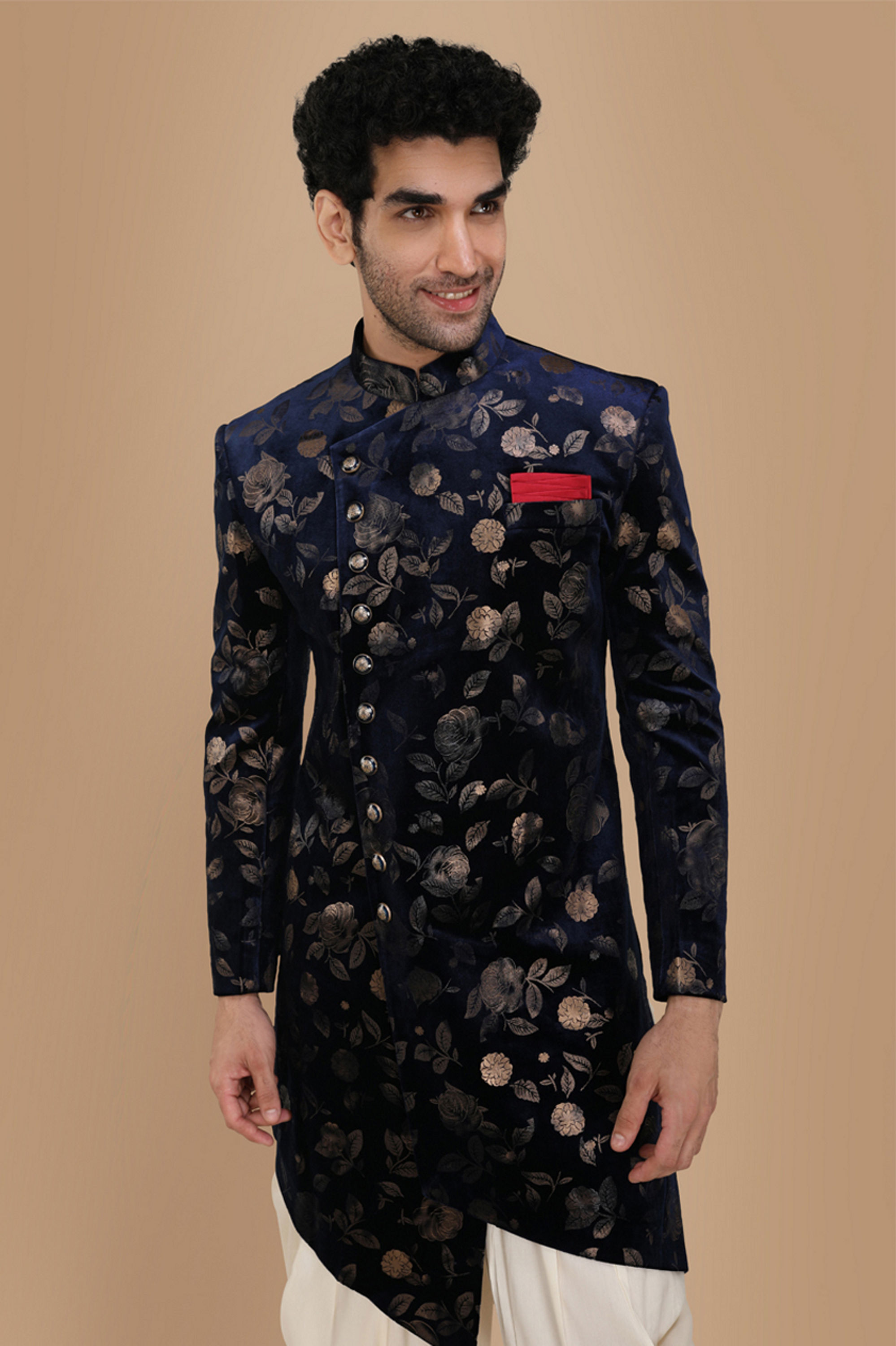 Manyavar Men Bold Blue Patterned Indo Western Set