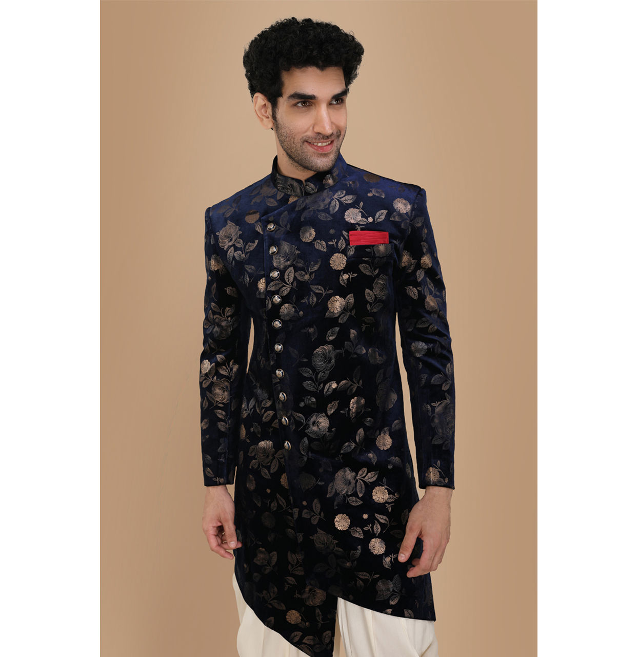 alt message - Manyavar Men Bold Blue Patterned Indo Western Set image number 0