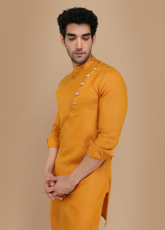 Manyavar Men Mustard Yellow Asymmetric Kurta