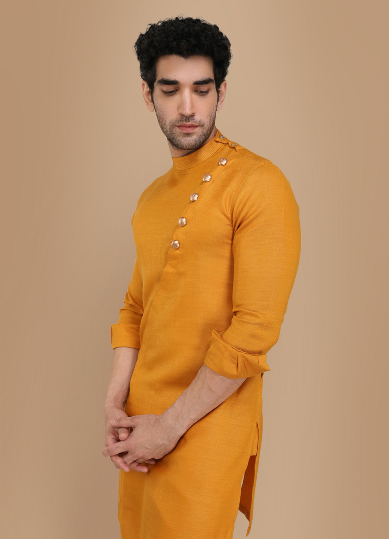 Manyavar Men Mustard Yellow Asymmetric Kurta