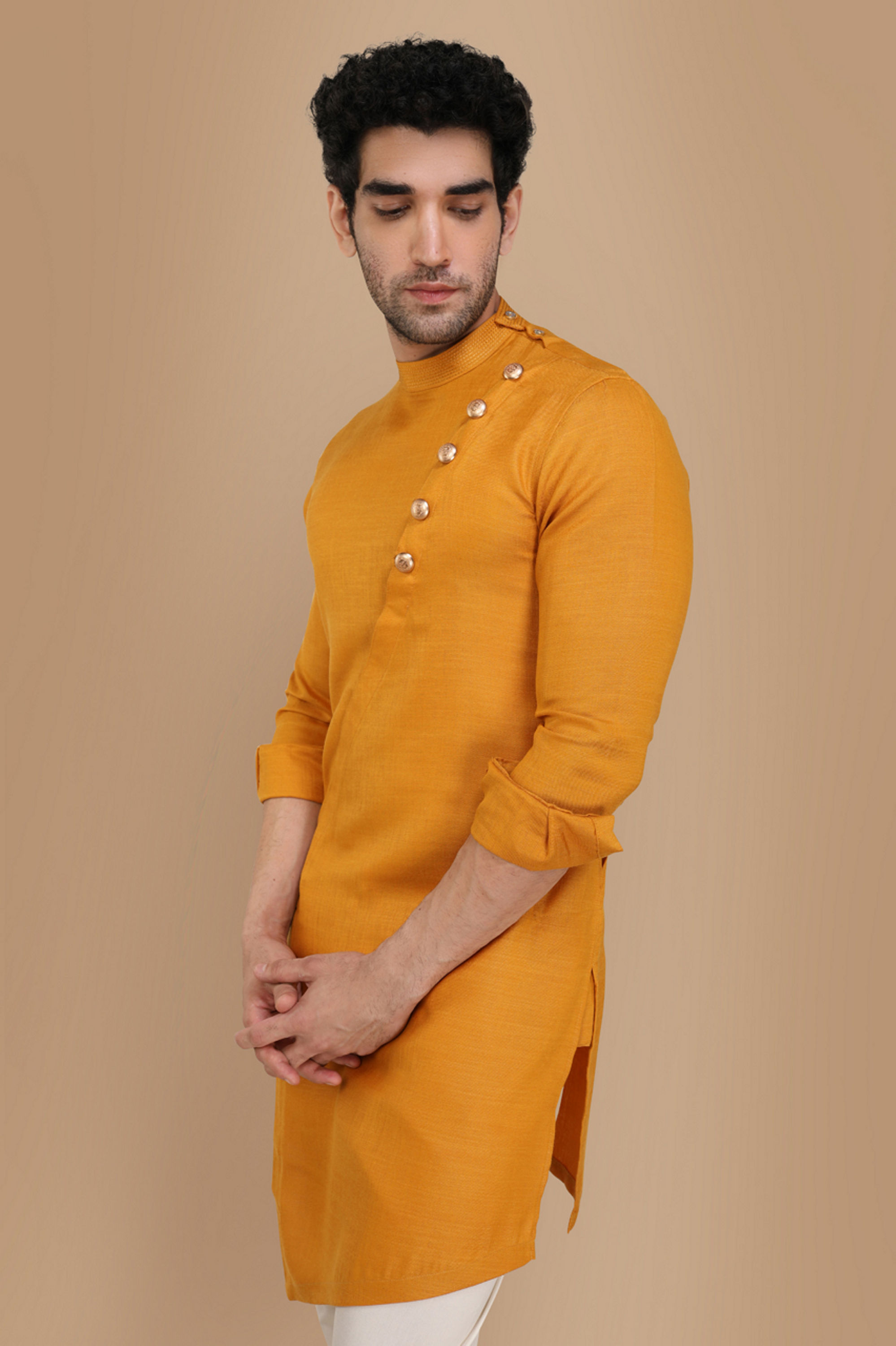 Manyavar Men Mustard Yellow Asymmetric Kurta