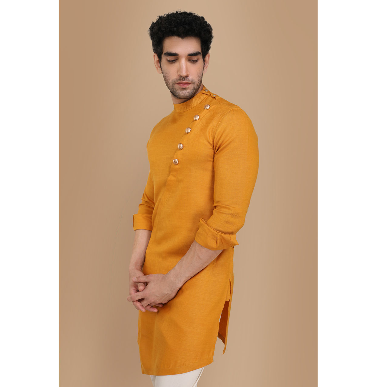 alt message - Manyavar Men Mustard Yellow Asymmetric Kurta image number 0