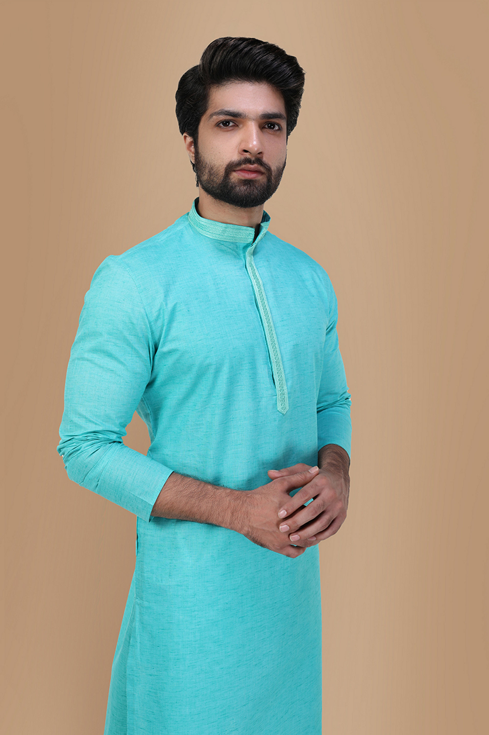 Manyavar Men Seafoam Green Solid Kurta Set With Neck Detailing