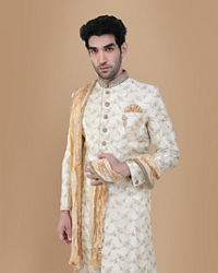 Manyavar Men Luminous Biscuit Beige Sherwani