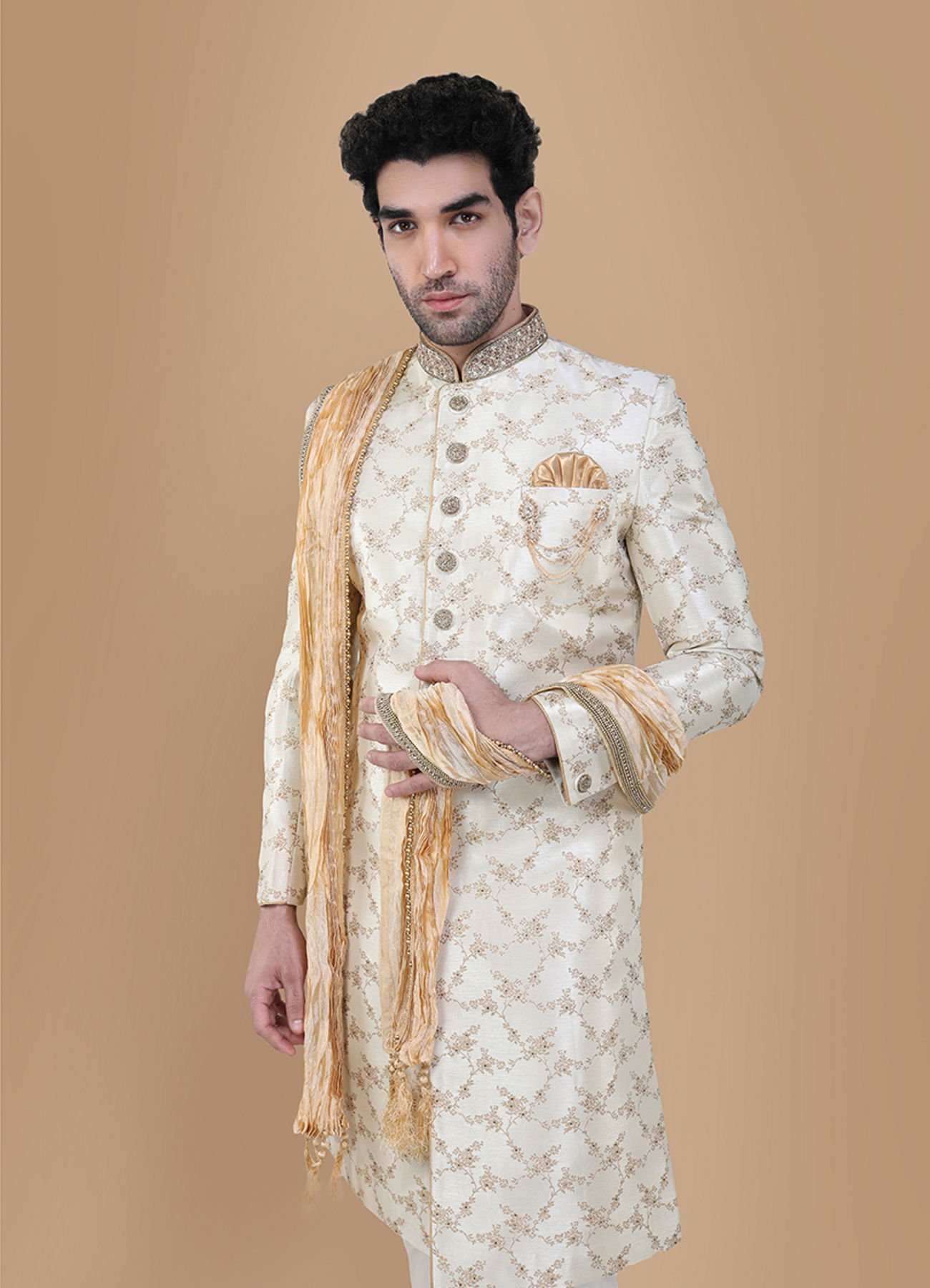Manyavar Men Luminous Biscuit Beige Sherwani