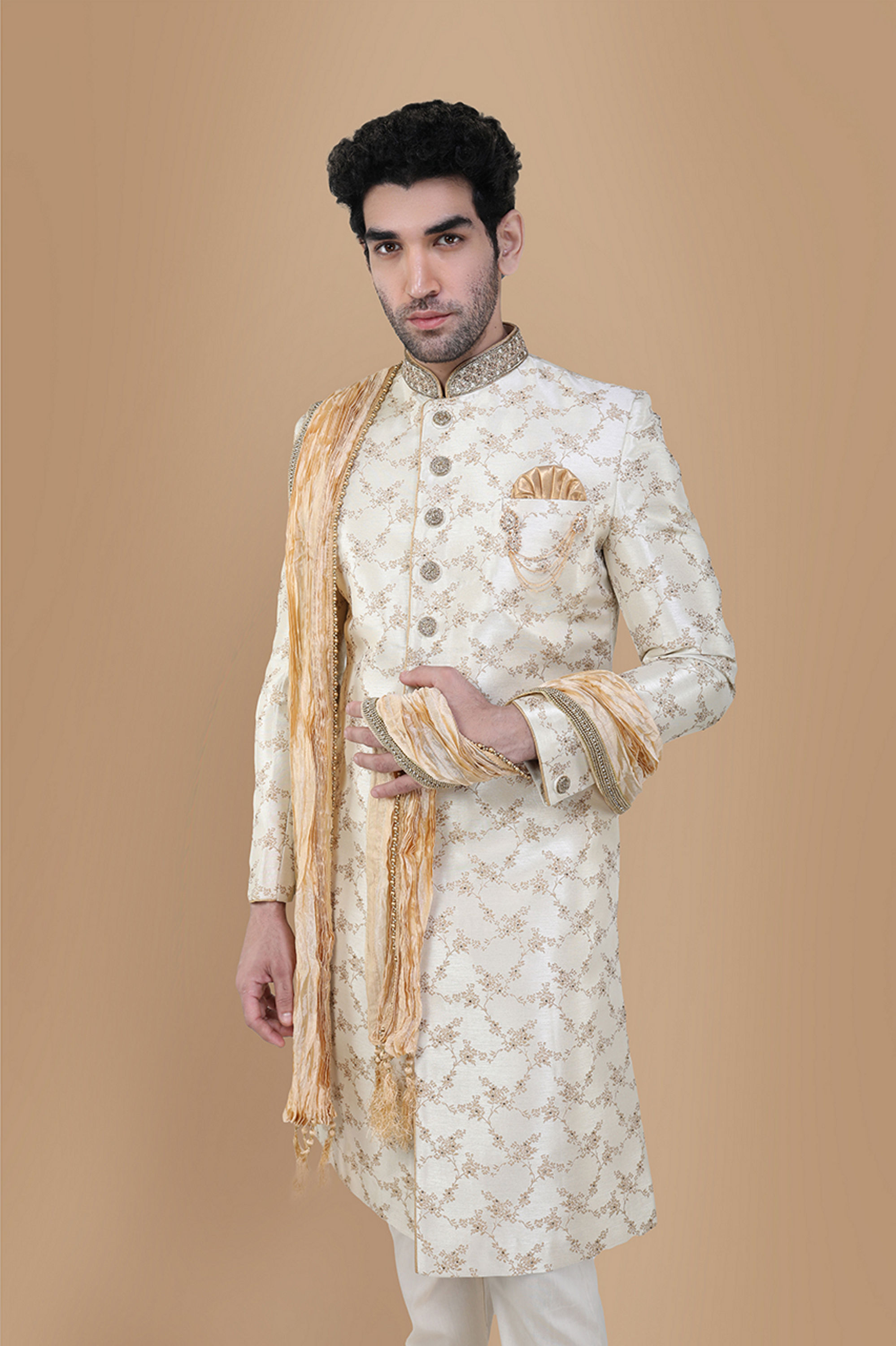Manyavar Men Luminous Biscuit Beige Sherwani