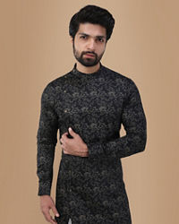 Manyavar Men Smoke Black Floral Print Kurta