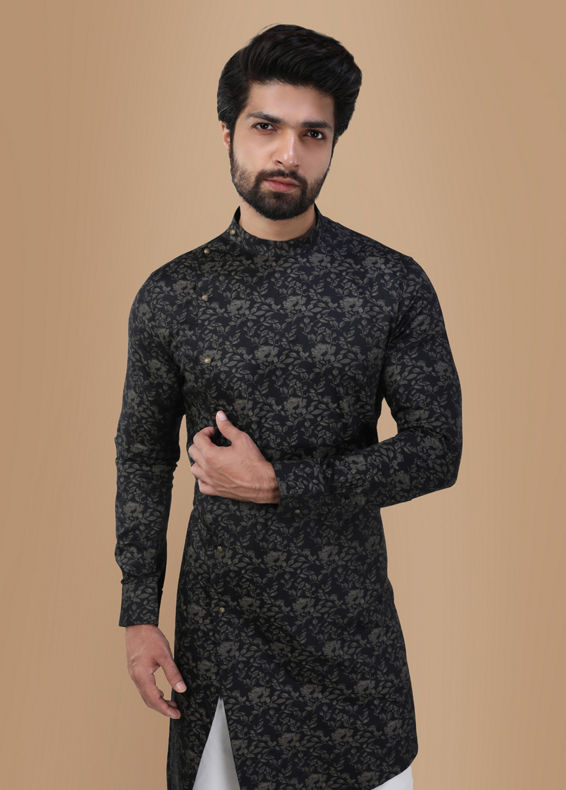 Manyavar Men Smoke Black Floral Print Kurta