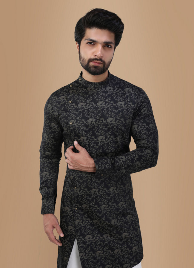 Smoke Black Floral Print Kurta image number 0