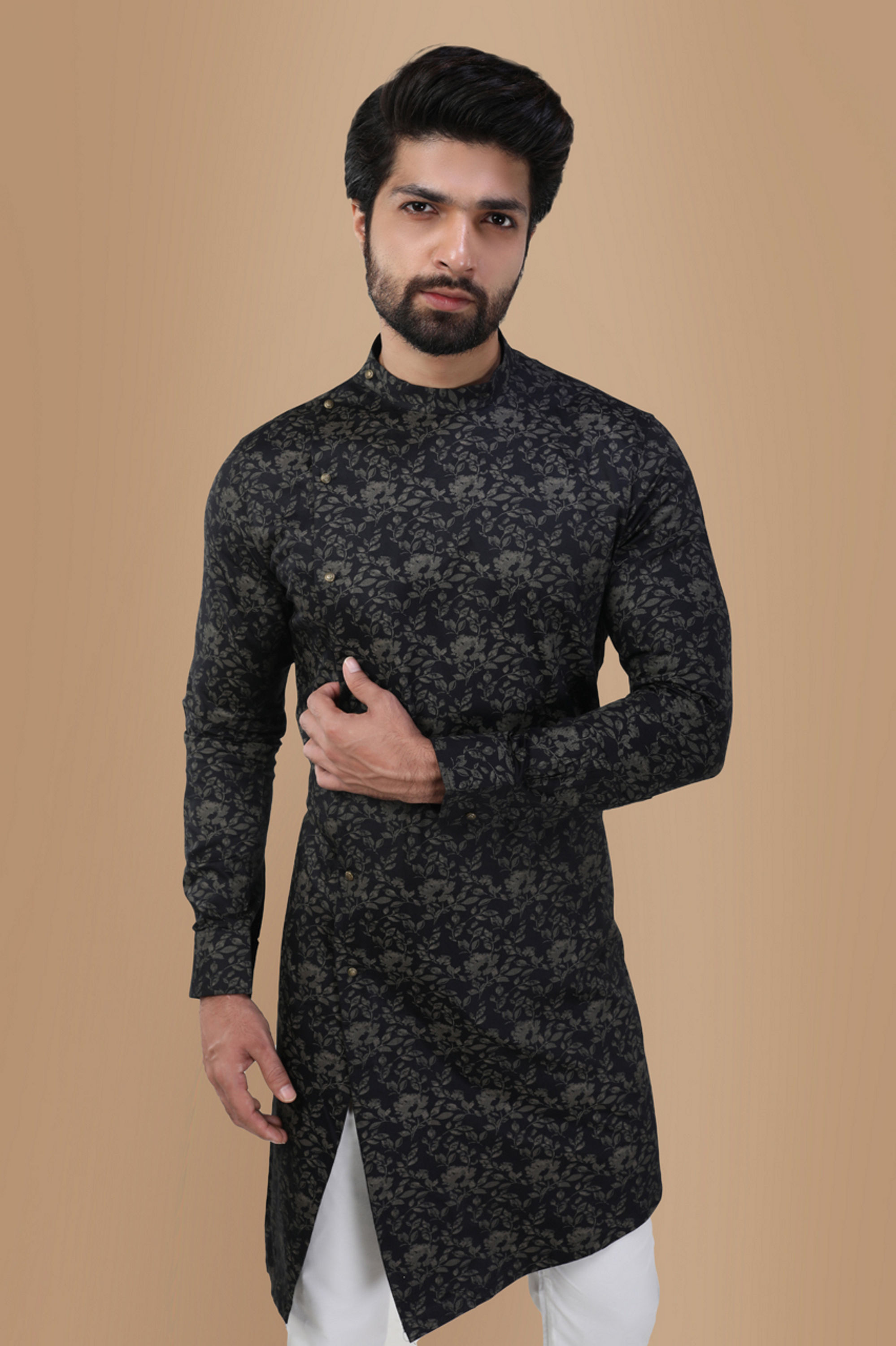 Manyavar Men Smoke Black Floral Print Kurta