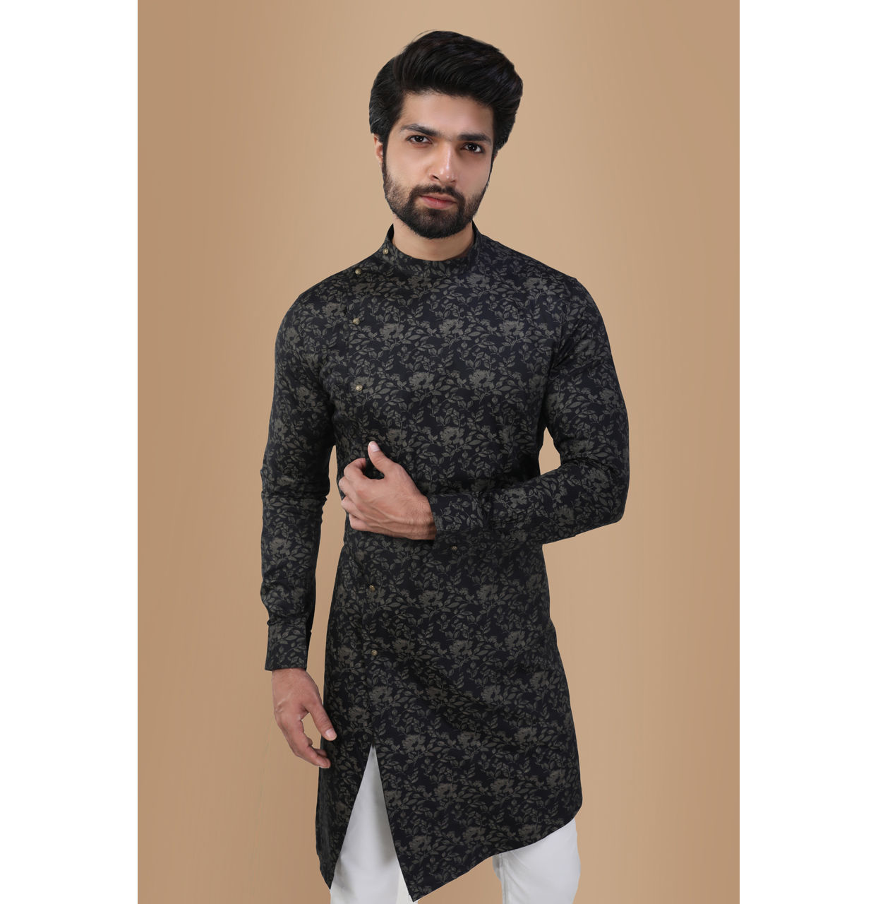 Manyavar Men Smoke Black Floral Print Kurta