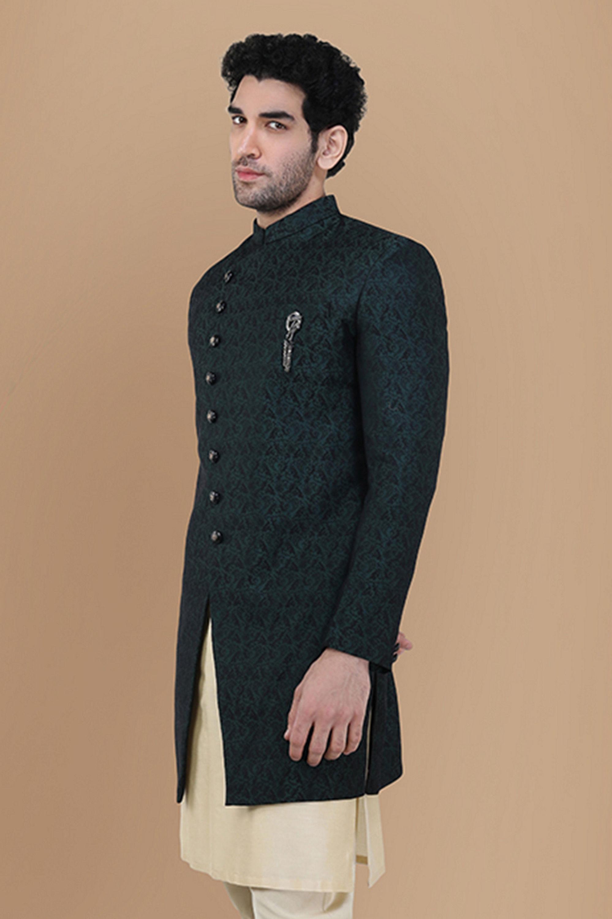 Manyavar Men Magnificient Green Indo Western Set