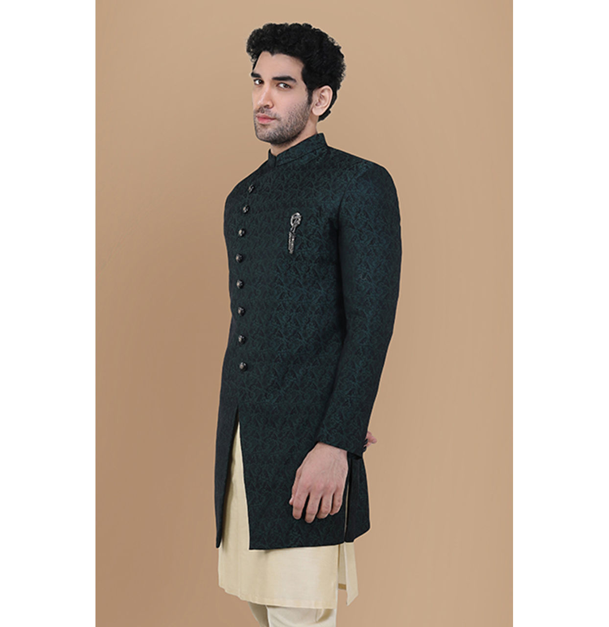 Manyavar Men Magnificient Green Indo Western Set