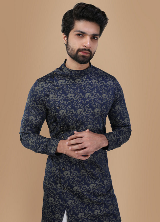 Manyavar Men Royal Blue Floral Print Kurta