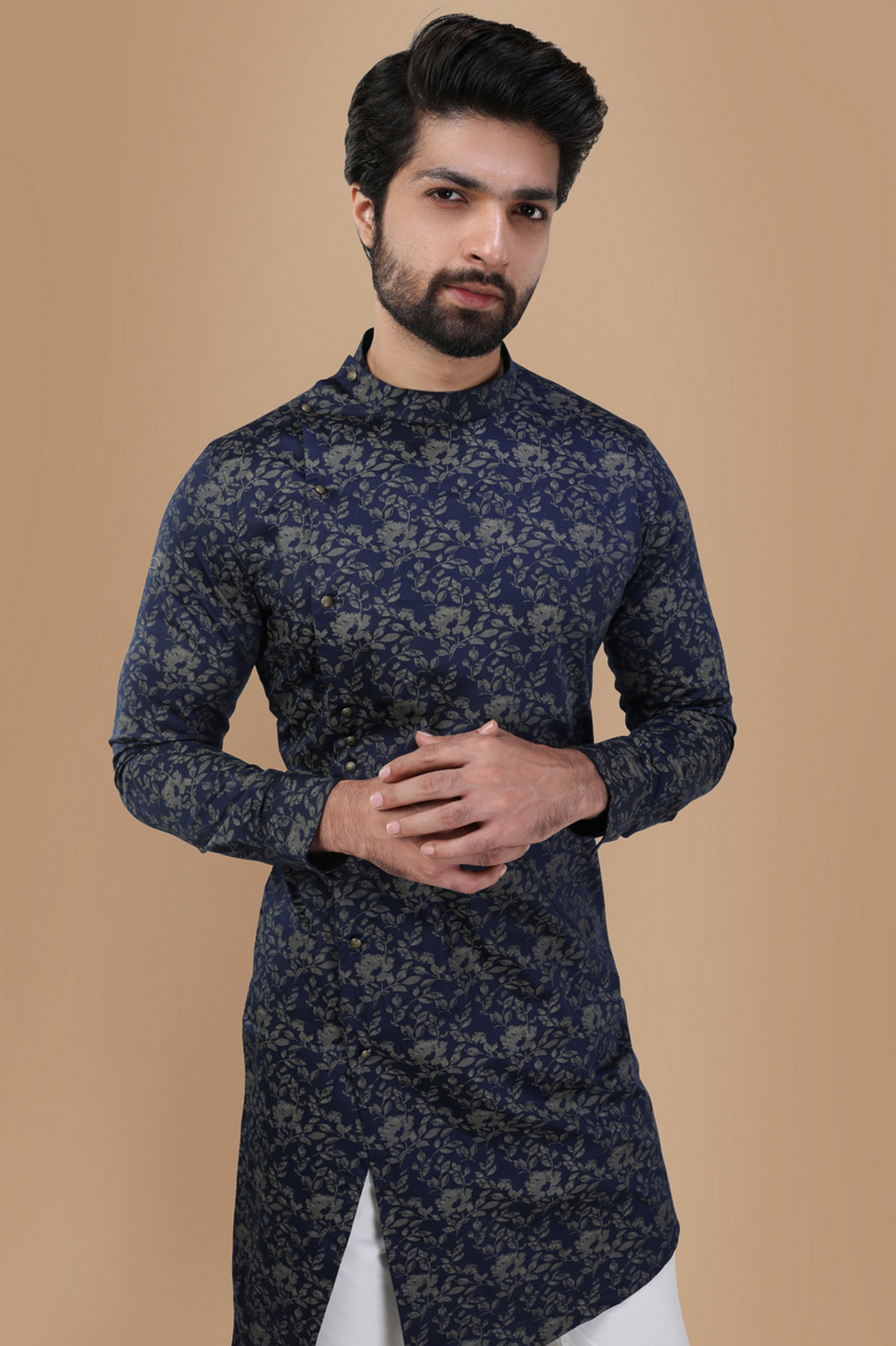 Manyavar Men Royal Blue Floral Print Kurta