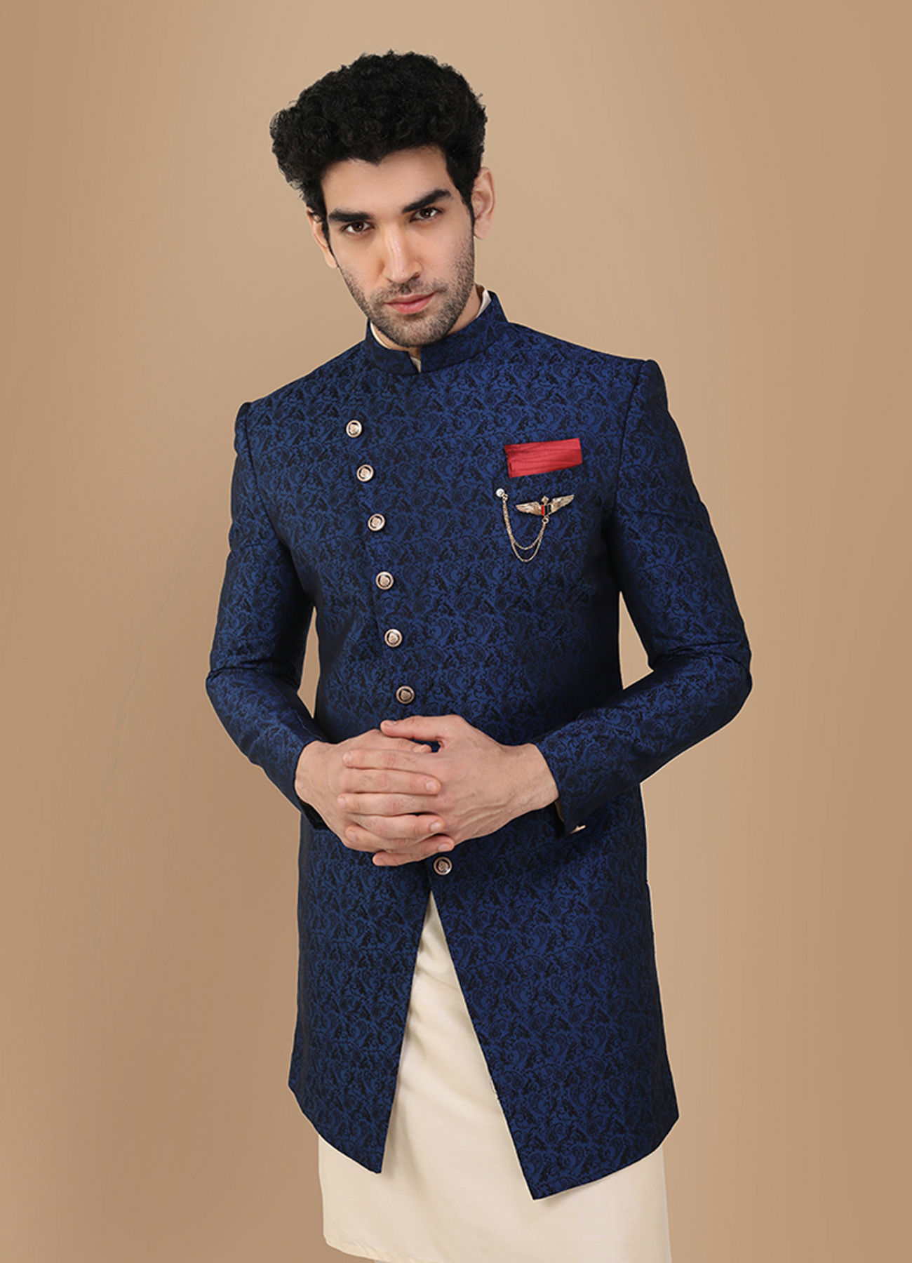 Manyavar Men Alluring Blue Party Wear Indo Western Set