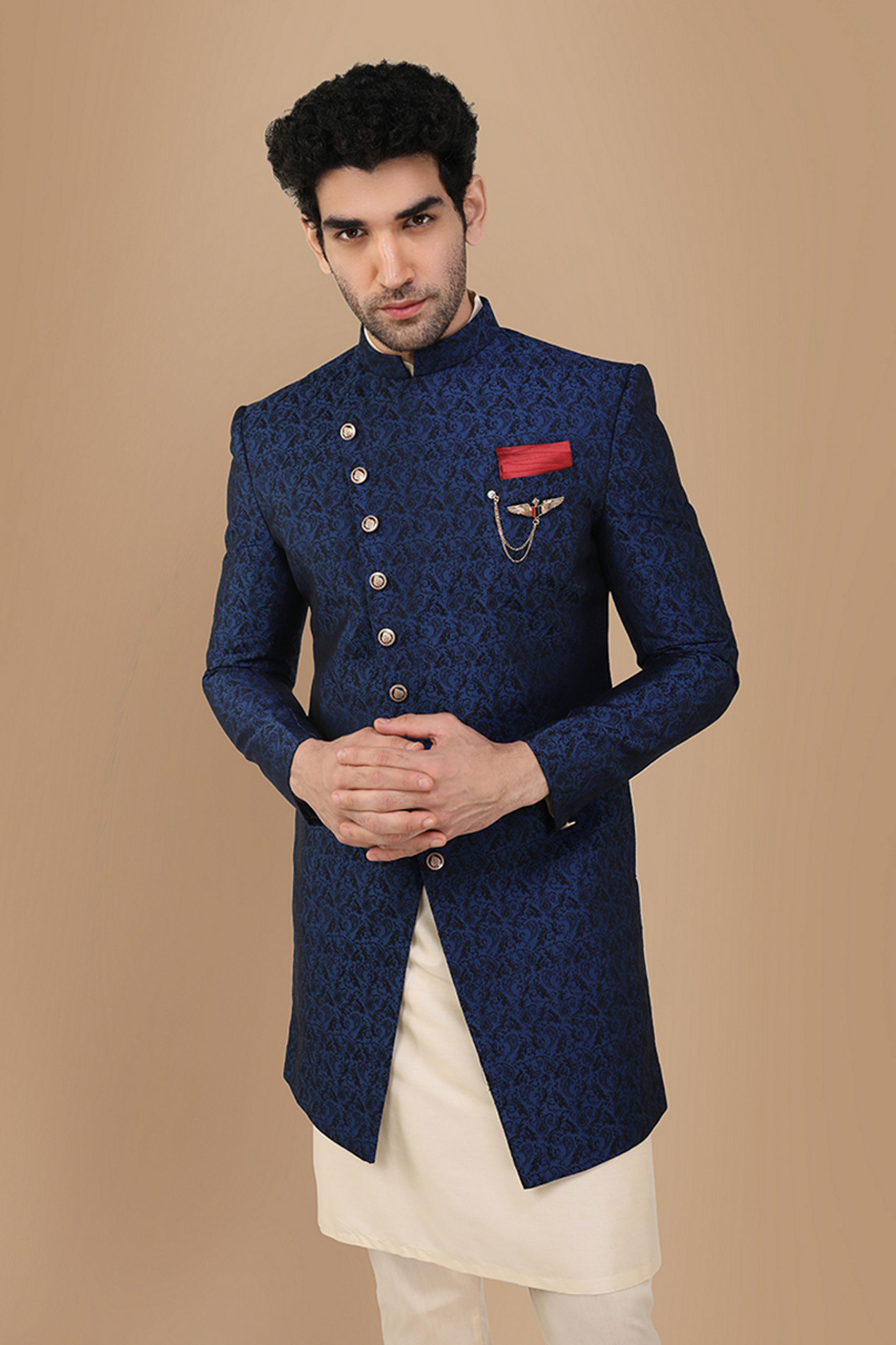 Manyavar Men Alluring Blue Party Wear Indo Western Set