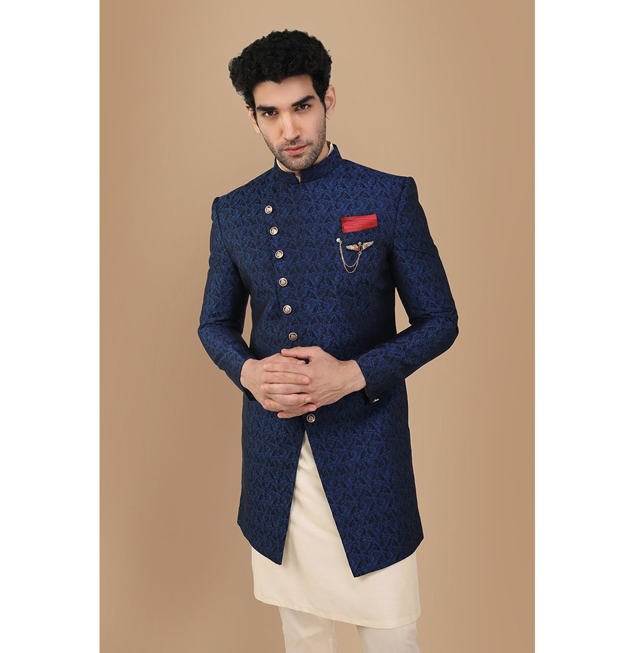 alt message - Manyavar Men Alluring Blue Party Wear Indo Western Set image number 0