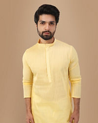 Manyavar Men Pastel Yellow Self Striped Kurta Set