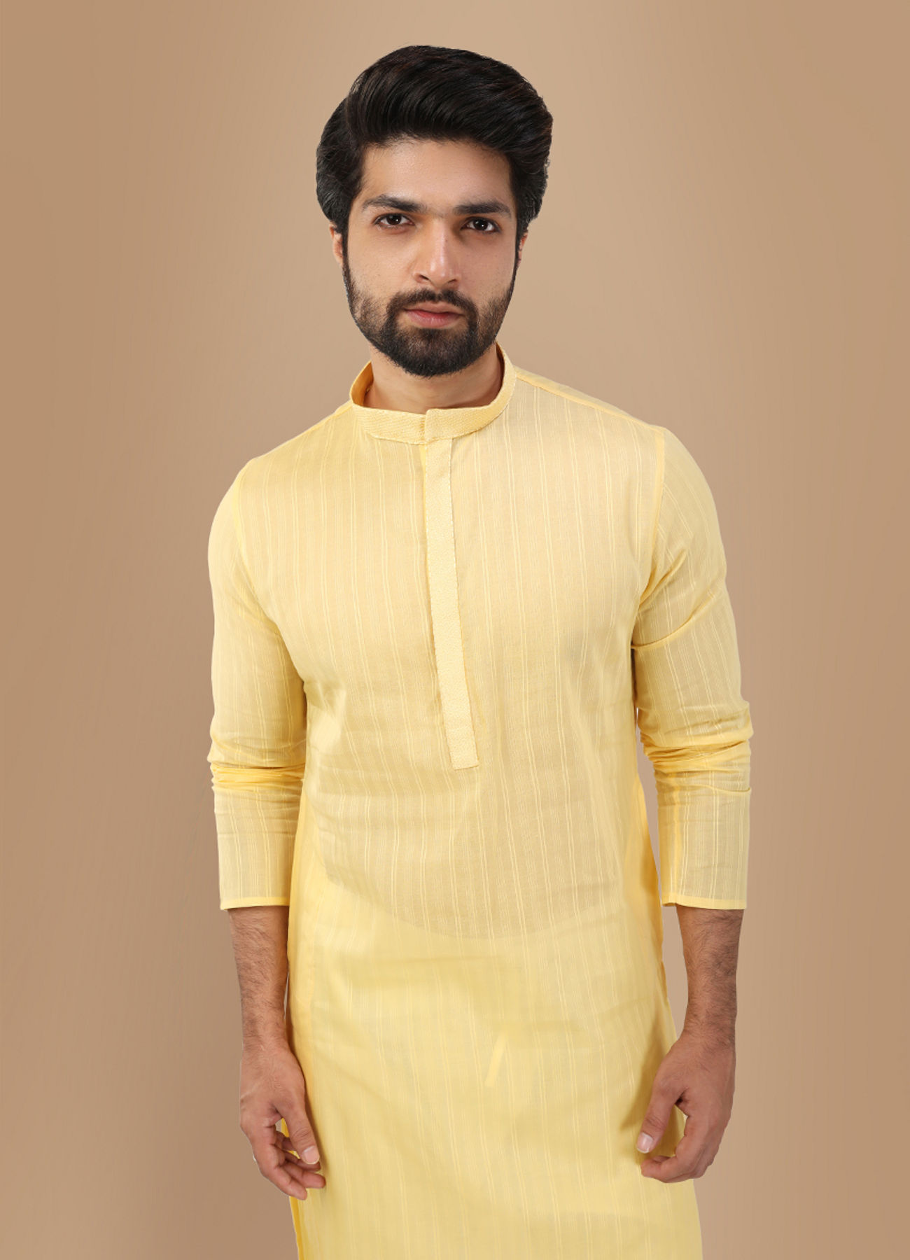 Manyavar Men Pastel Yellow Self Striped Kurta Set