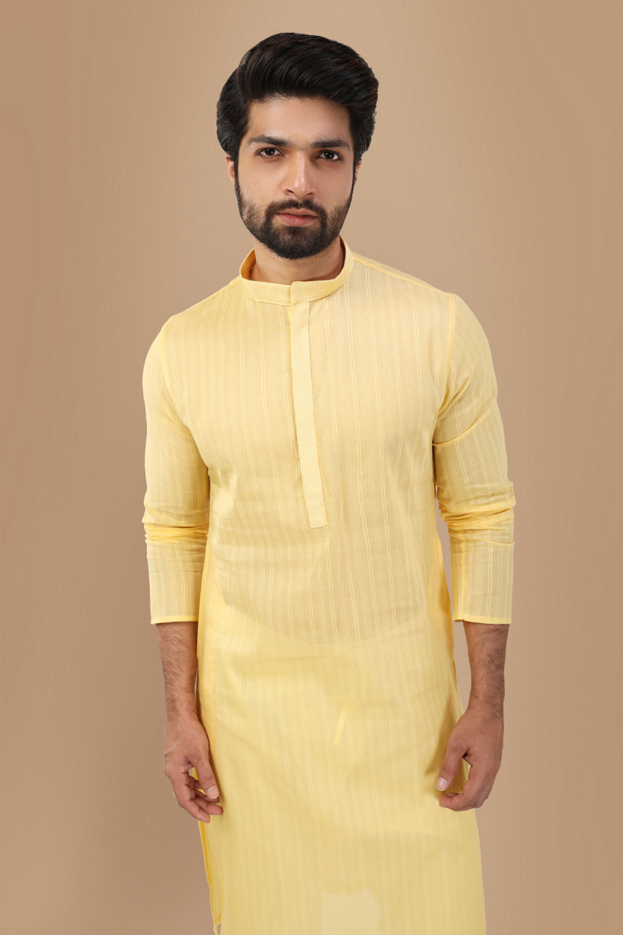 Manyavar Men Pastel Yellow Self Striped Kurta Set