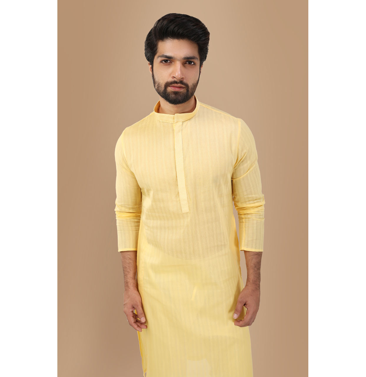 Manyavar Men Pastel Yellow Self Striped Kurta Set