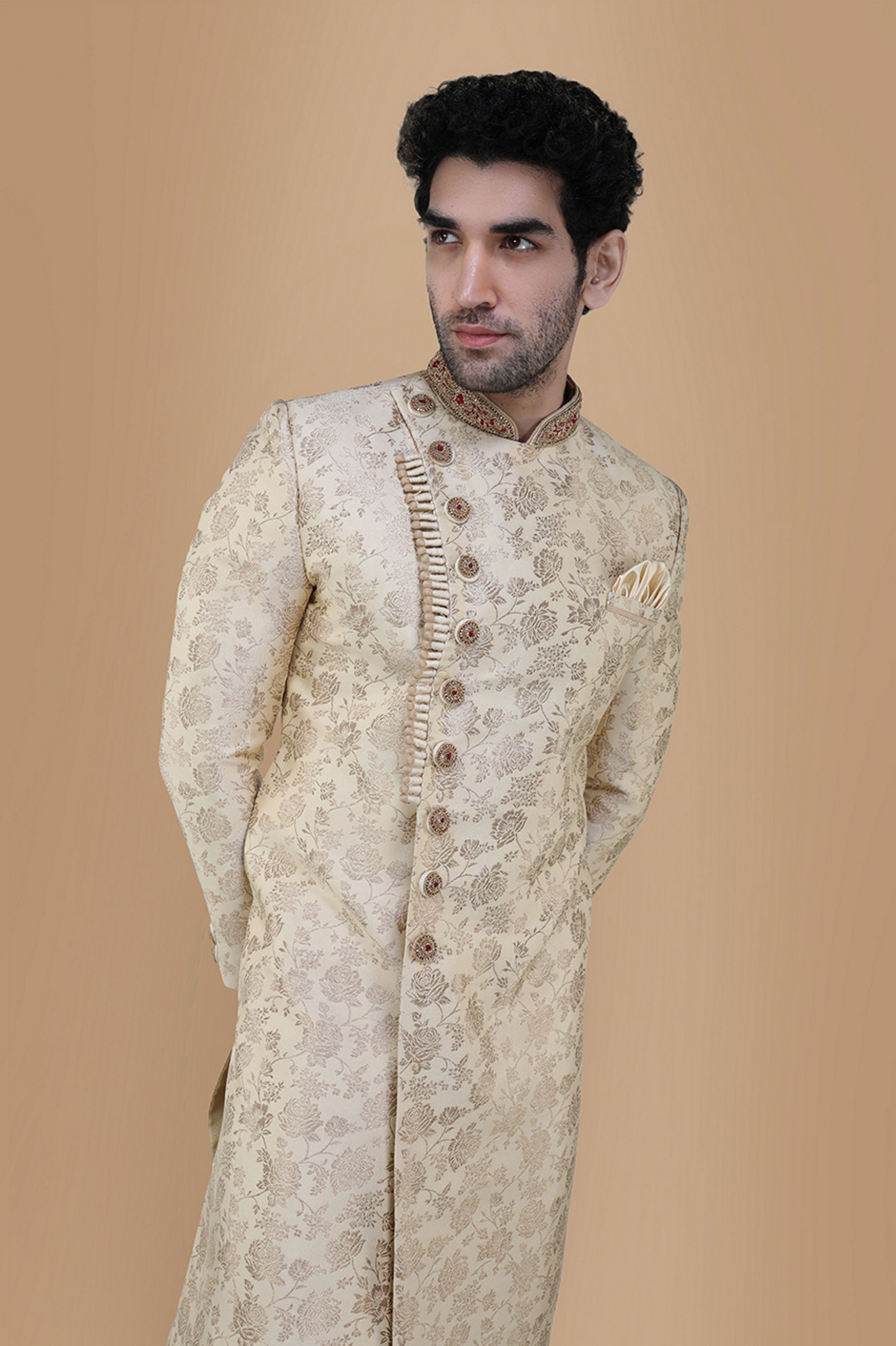 Manyavar Men Bright Biscuit Color Sherwani