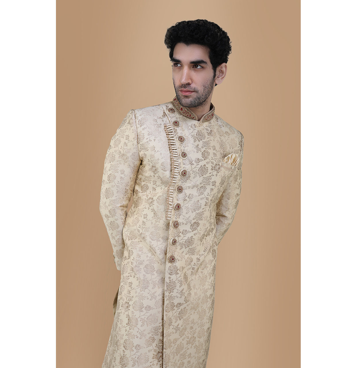 Manyavar Men Bright Biscuit Color Sherwani