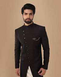 Manyavar Men Form Fitting Wine Indo Western Set