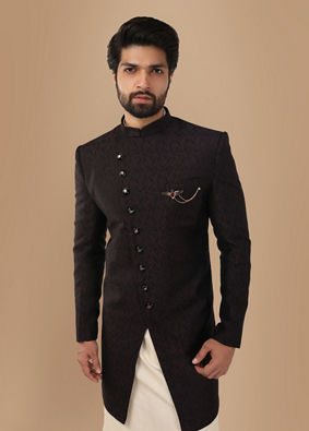 Manyavar Men Form Fitting Wine Indo Western Set