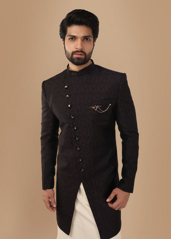 Manyavar Men Form Fitting Wine Indo Western Set