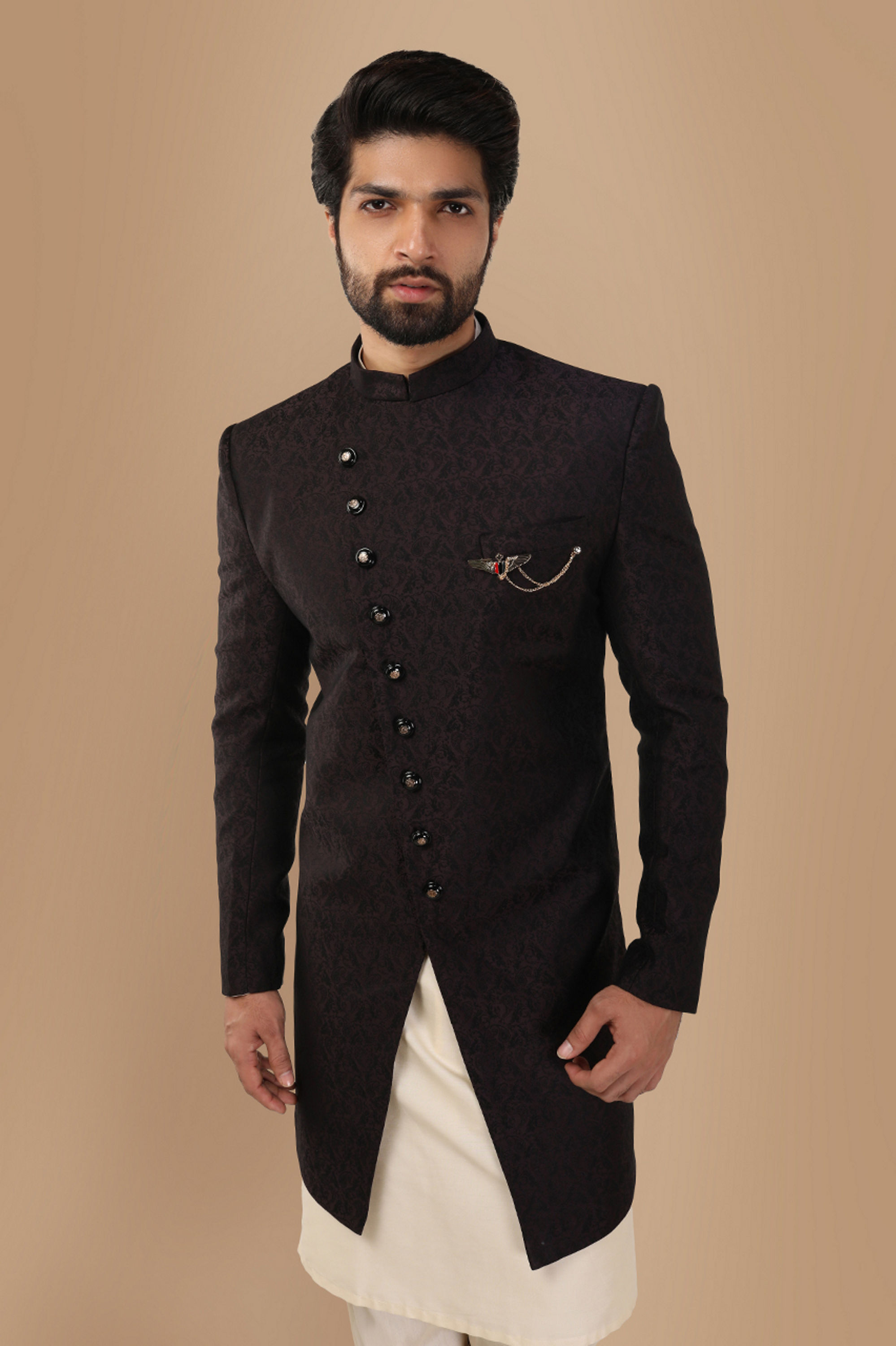 Manyavar Men Form Fitting Wine Indo Western Set