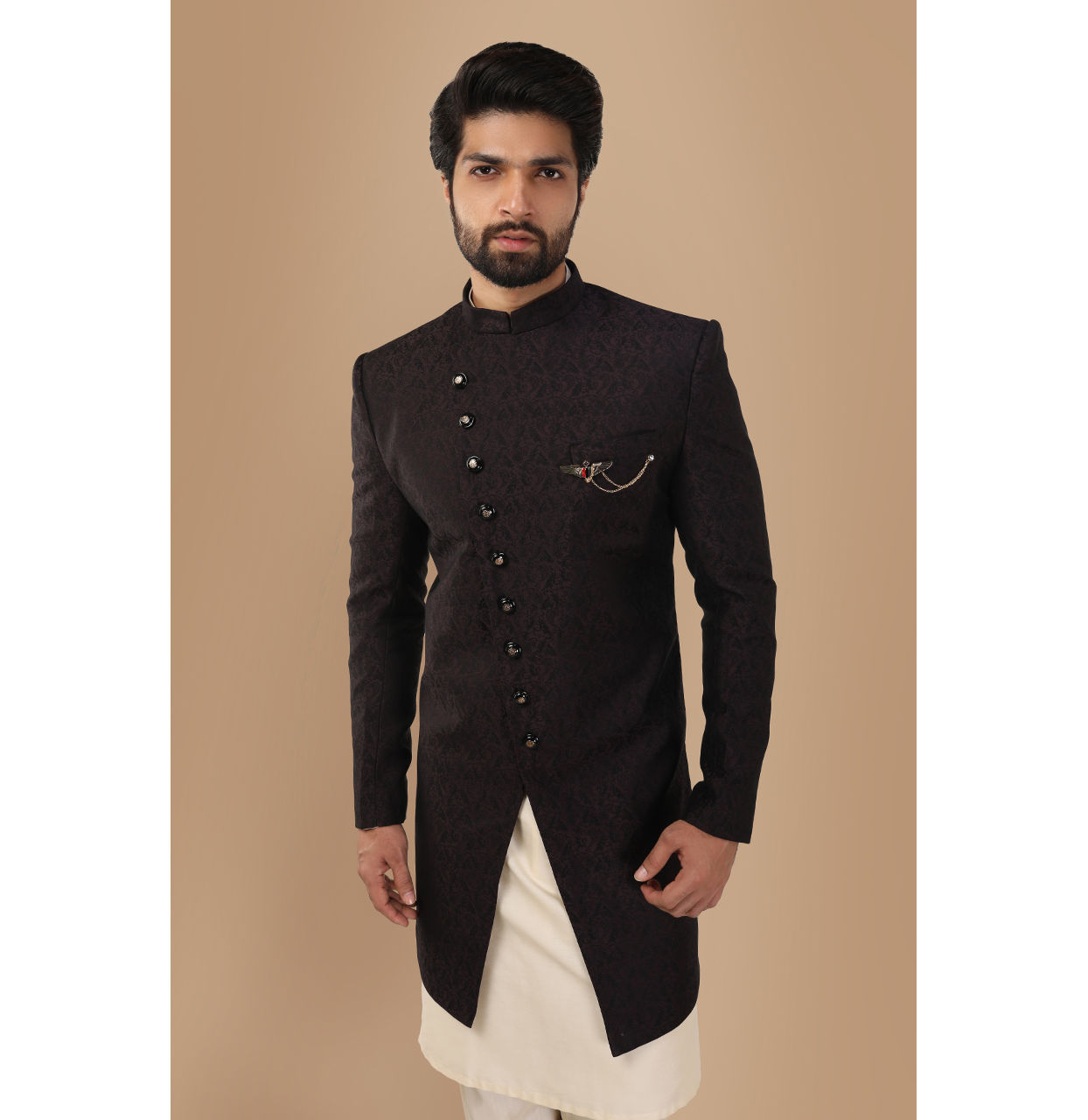 Manyavar Men Form Fitting Wine Indo Western Set