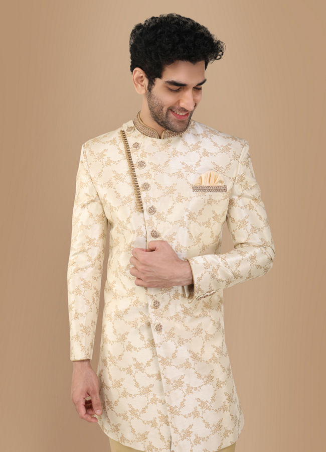 alt message - Manyavar Men Blissful Beige Indo Western Set image number 0