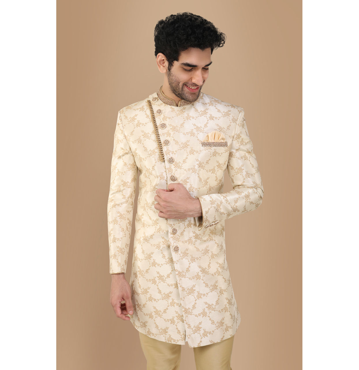 alt message - Manyavar Men Blissful Beige Indo Western Set image number 0