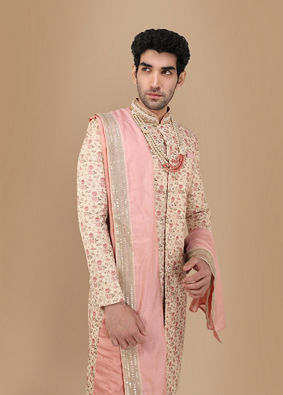 alt message - Manyavar Men Blissful Beige Groom Sherwani image number 0