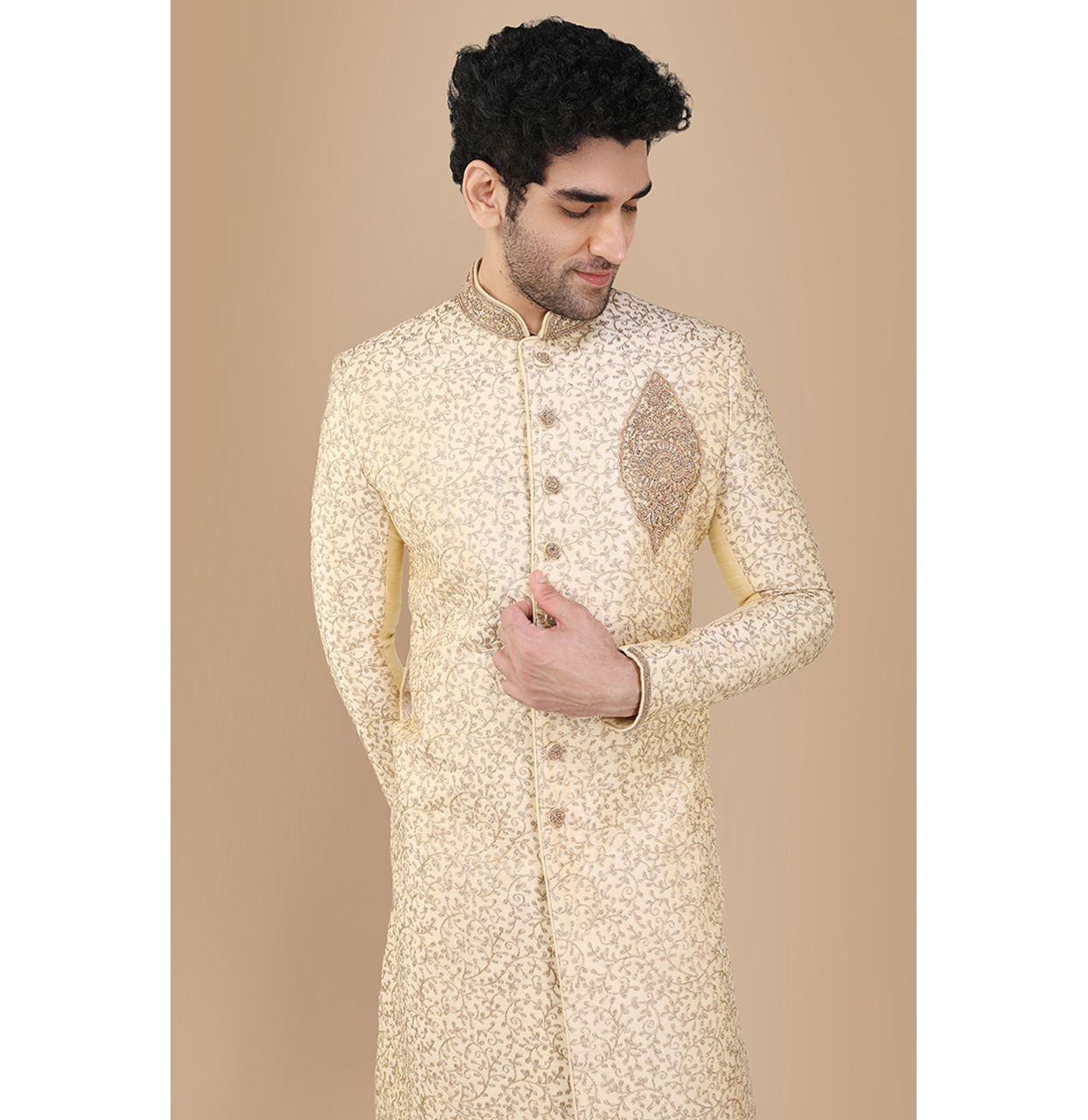 alt message - Manyavar Men Glam Biscuit Shade Sherwani Suit image number 0