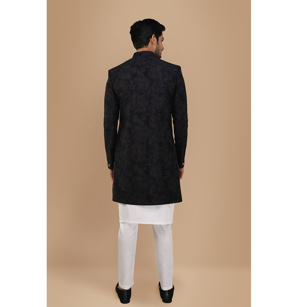 Manyavar Men Dark Blue Layered Angrakha Indo Western