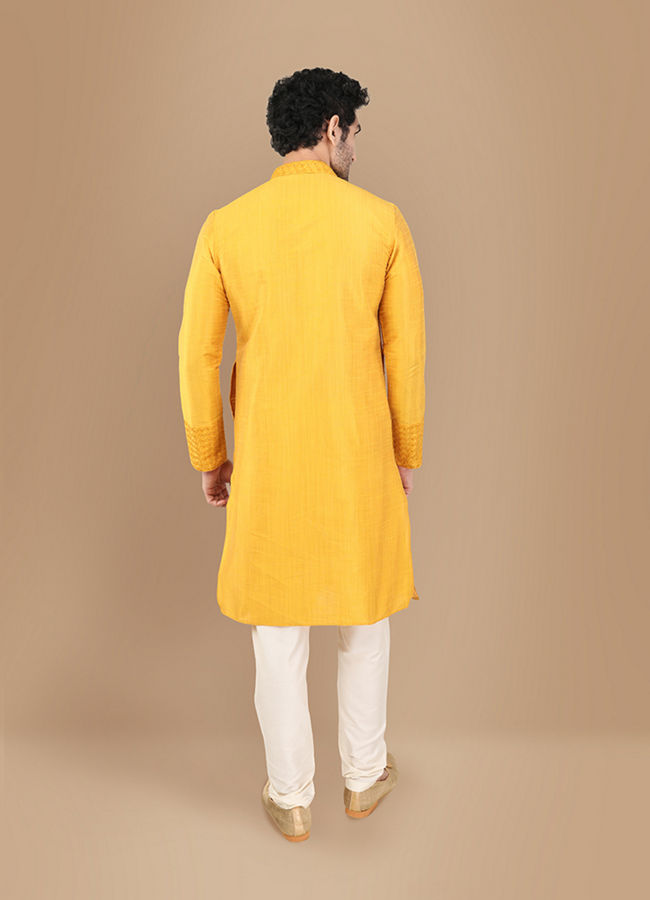 Manyavar Men Amber Yellow Self Design Kurta Set