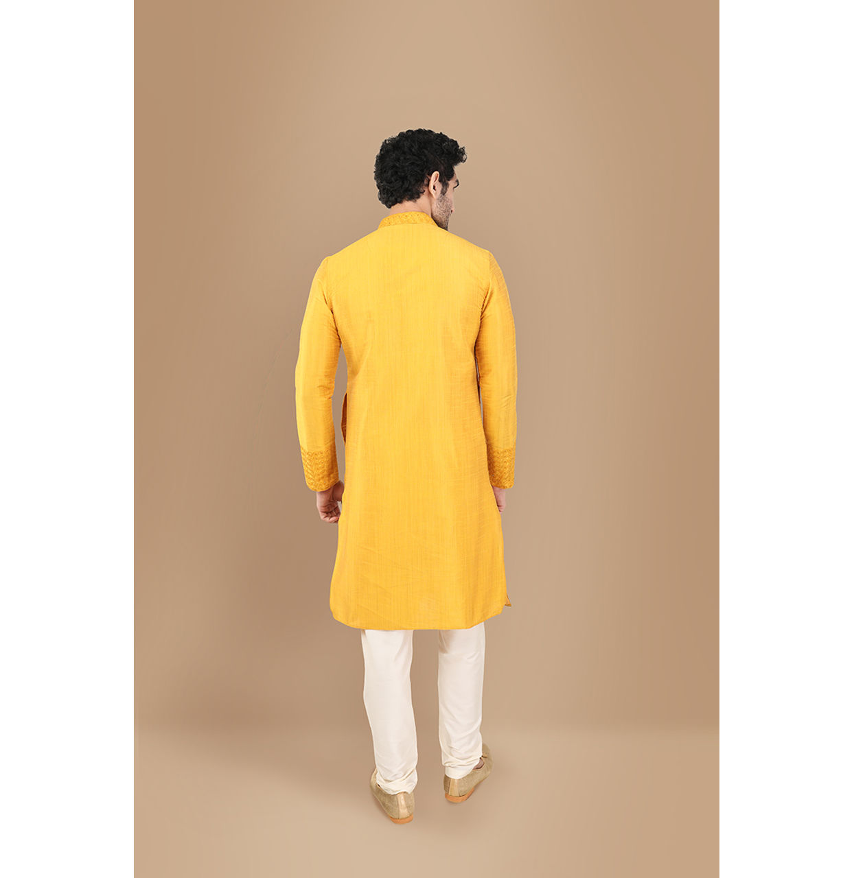 Manyavar Men Amber Yellow Self Design Kurta Set