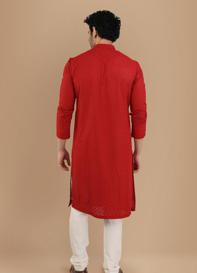 alt message - Manyavar Men Red Chikankari Kurta Set image number 2