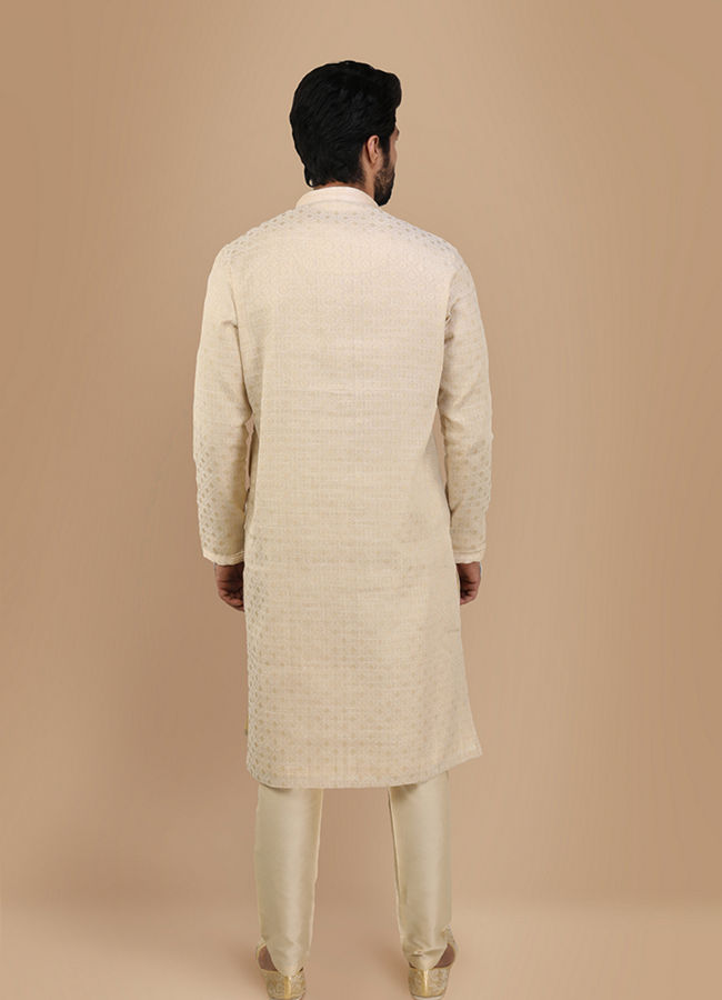 Manyavar Men Cream Jacquard Kurta Set image number 2